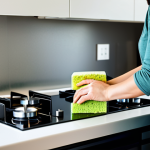 A woman, fully clothed in modest, comfortable everyday attire, gently cleaning a modern, bright kitchen stovetop with a spray bottle of homemade natural degreaser and a natural sponge. The kitchen is illuminated by natural light, conveying a sense of tranquility and a healthy home environment. safe for work, appropriate content, fully clothed, professional, perfect anatomy, correct proportions, natural pose, well-formed hands, proper finger count, natural body proportions, high quality, professional photography.