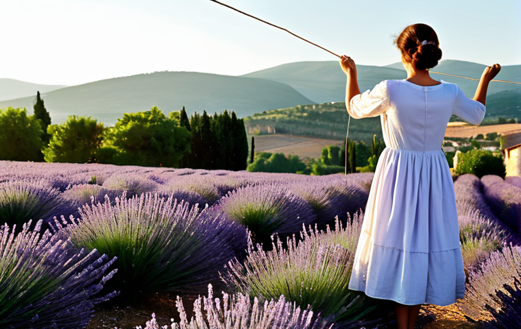 "Lavender Field Laundry Day"**

A sun-drenched scene in Provence, France. A woman in a modest, flowing cotton dress (fully clothed, appropriate attire) hangs freshly washed linens on a clothesline strung between lavender bushes. The linens are crisp white and subtly perfumed. In the background, rolling hills of lavender extend to the horizon. Perfect anatomy, correct proportions, natural pose. Golden hour lighting. Safe for work, professional, family-friendly, appropriate content. High quality, detailed textures.

**