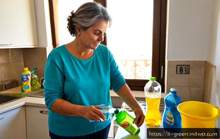 친환경 세제를 위한 일상 속 재활용 팁 - Photorealistic Italian apartment kitchen, a middle-aged woman refilling a clear reusable glass spray...