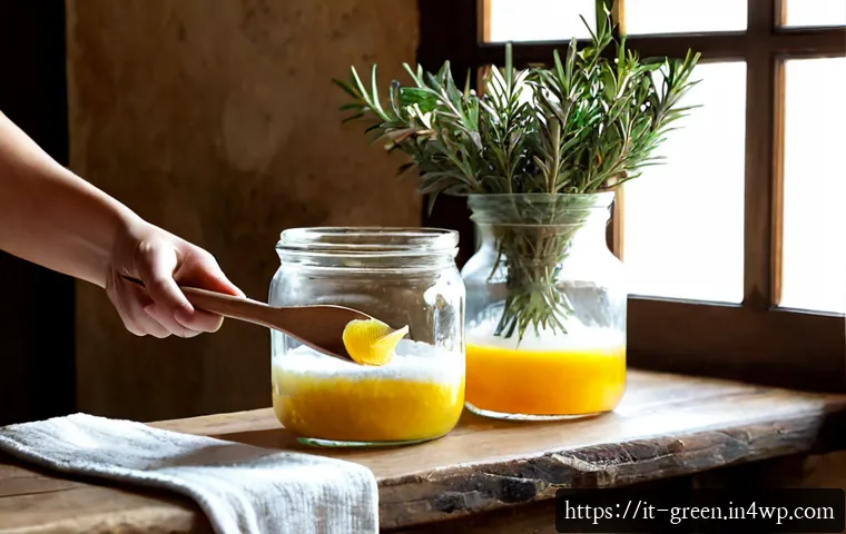 자연에서 얻은 재료를 활용한 세제 제조 - Photorealistic Italian home kitchen workspace for making natural household detergent, clear glass ja...